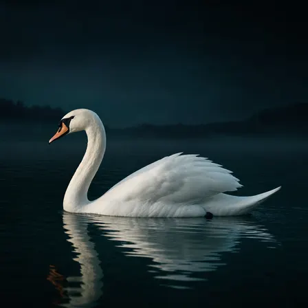 A white swan floating on a moonlit lake